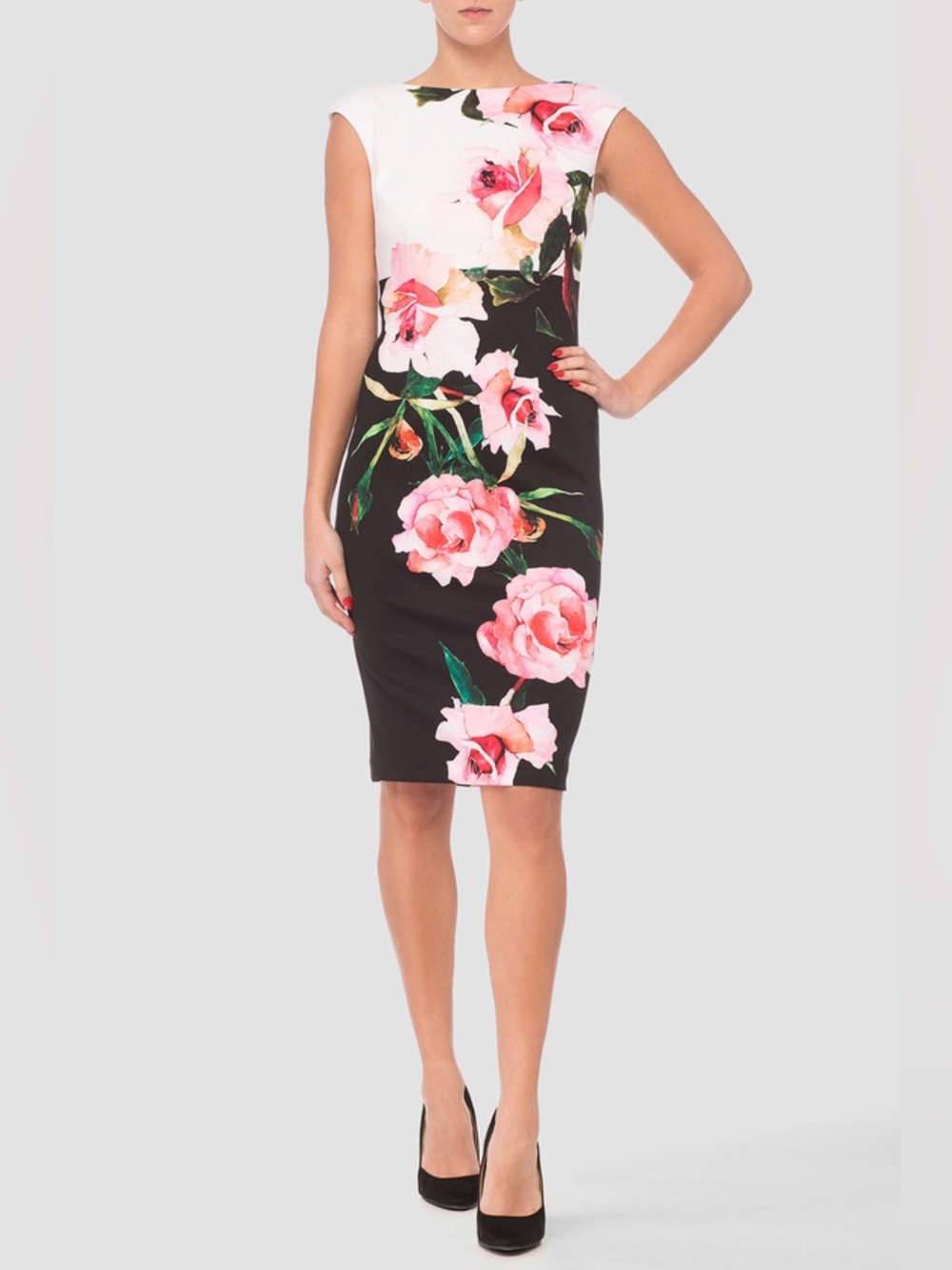Joseph Ribkoff Black & White Midi Dress with Pink Floral Print